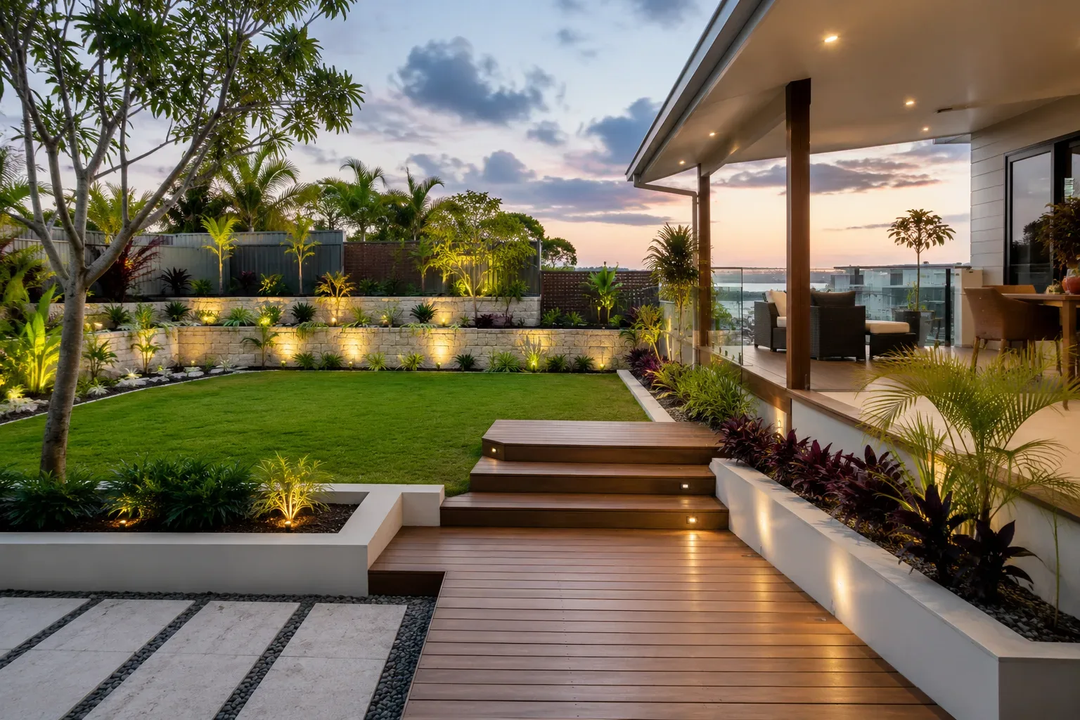 Tiered sandstone retaining wall garden bed with uplighting and timber steps leading up to a covered deck
