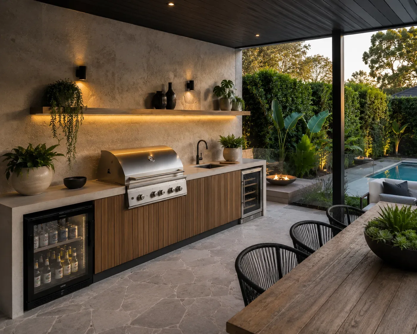 Evening outdoor kitchen with a stone-clad wall and built-in BBQ