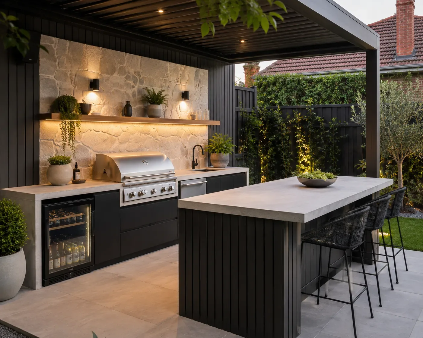 Outdoor kitchen under a slatted pergola roof with a BBQ and dining table